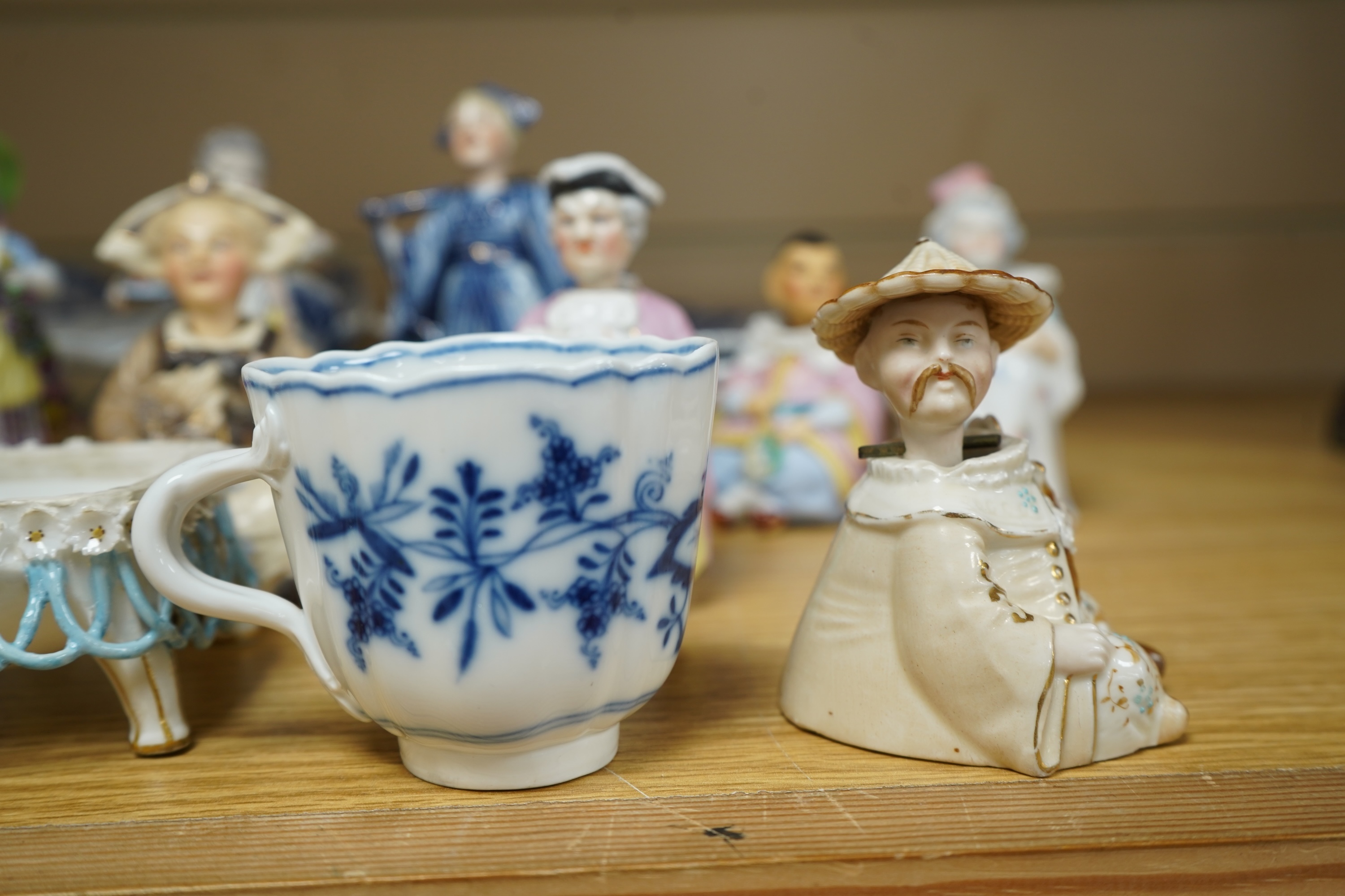 A collection of Meissen style blue and white china and various of nodding figures etc. largest item dish 21cm diameter